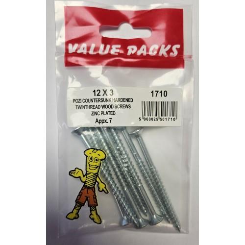 12 X 3'' Pozi Csk Hardened Twinthread Woodscrews Zinc 7 Per Pack 12 X 3'' Pozi Csk Hardened Twinthread Woodscrews Zinc 7 Per Pack